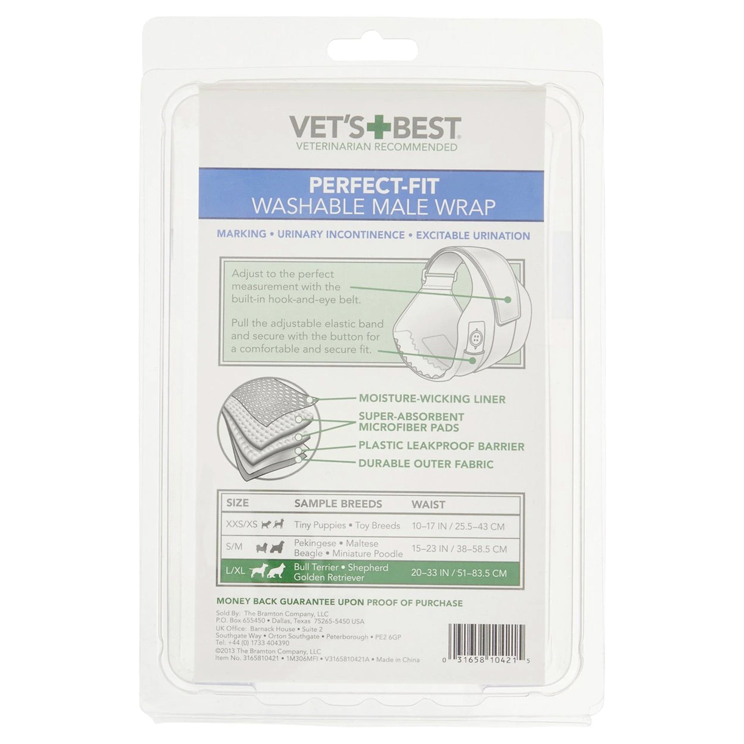 Vet's Best PerfectFit Washable Wrap For Male Dogs, Large/XL