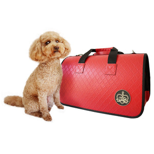 Beautiful Leather Case Carrier for Small Dogs and Cats with nylon stitched leather handles and strap Red Amy Loves Bags Poodle Model 