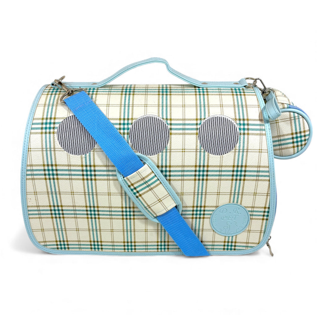 Plaid pet carrier with blue accents on a white background