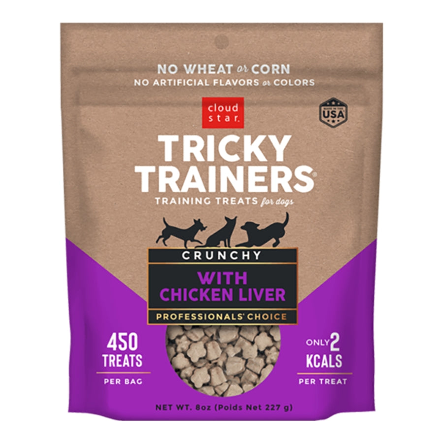 A bag of Cloud Star Tricky Trainers Crunchy Dog Treats with chicken liver flavor. The packaging highlights that it is wheat-free, corn-free, and dairy-free, with 400 kcal per treat.