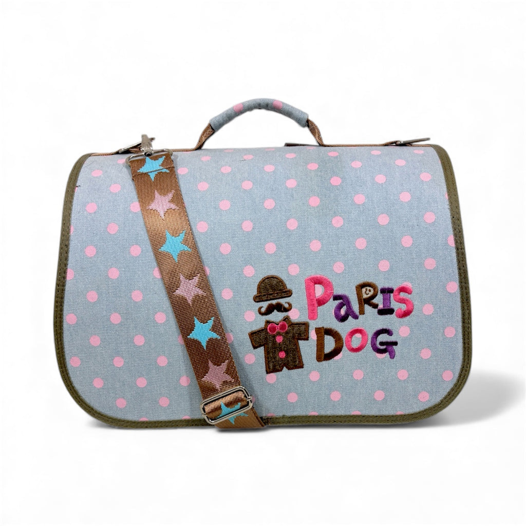 Pet carrier with 'Paris Dog' text and colorful design on a light blue background