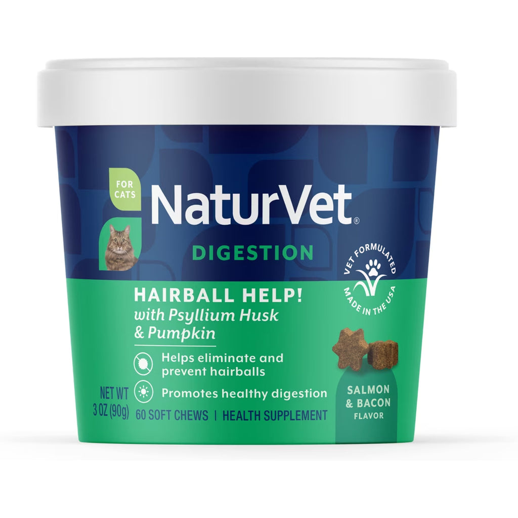 NaturVet Hairball Help! Digestion Salmon & Bacon Flavored Supplement for Cats, 60 count