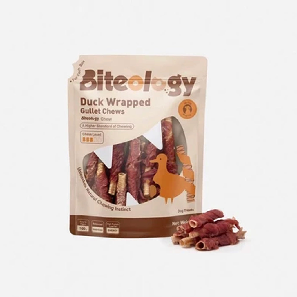Biteology Duck Wrapped Goose Gullet Dog Chews, 7 oz