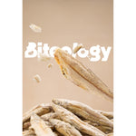 Load image into Gallery viewer, A close-up product shot of dried small fish pieces, with one fish piece flying through the air and a pile of similar fish pieces below. Large white text reading 'Biteology' is overlaid across the center on a warm beige background.
