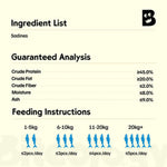 Load image into Gallery viewer, An informational graphic for the product 'Sardines' showing an ingredient list and feeding instructions. The graphic features a light cream background with black text and blue icons representing fish for different dog weights (1-5kg, 6-10kg, 11-20kg, 20kg+).
