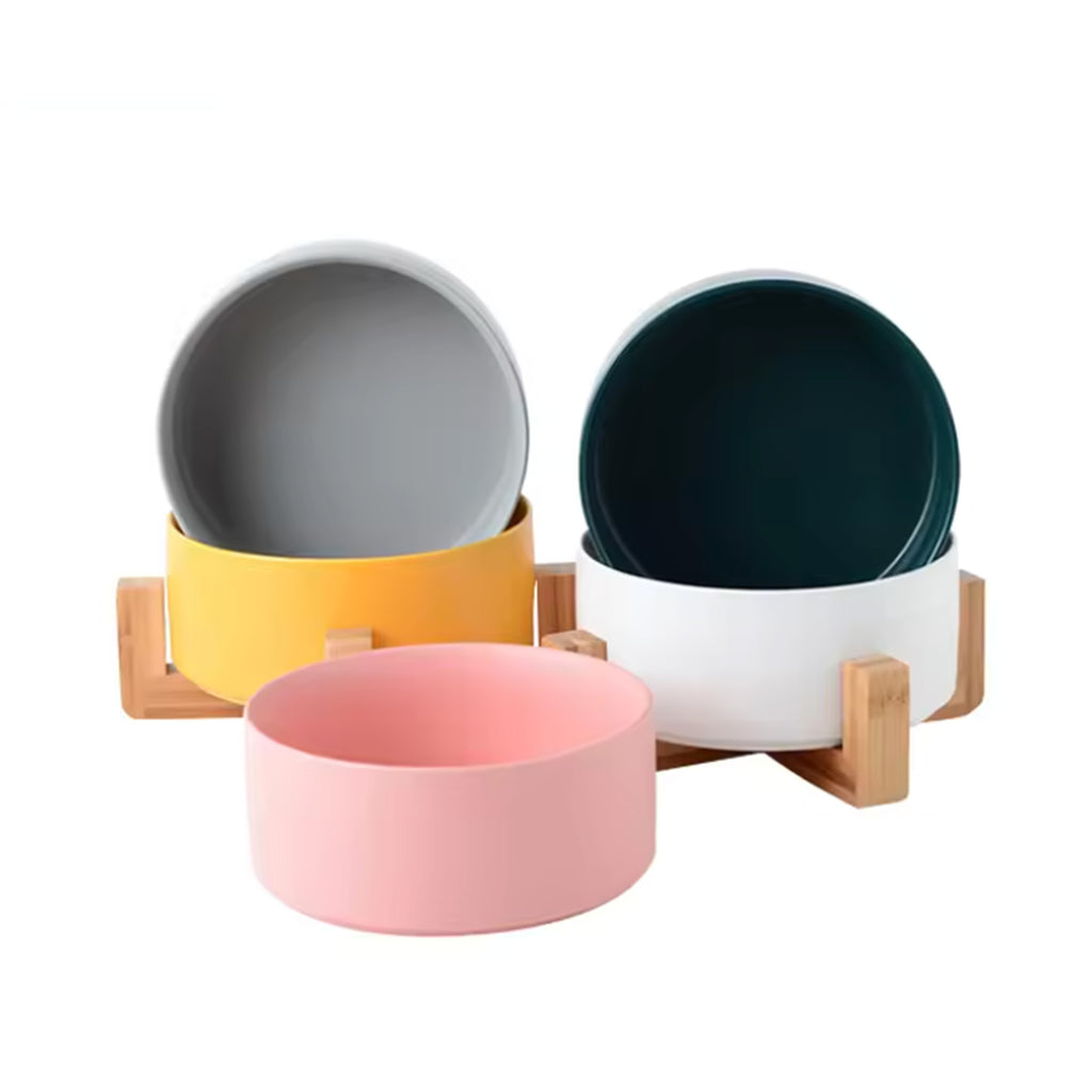 Minimalist Single Ceramic Dog Bowl with Wood Stand