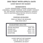 Load image into Gallery viewer, Dog treat label with ingredients, feeding guidelines, and guaranteed analysis from Lucky Biscuit Pet Bakery.

