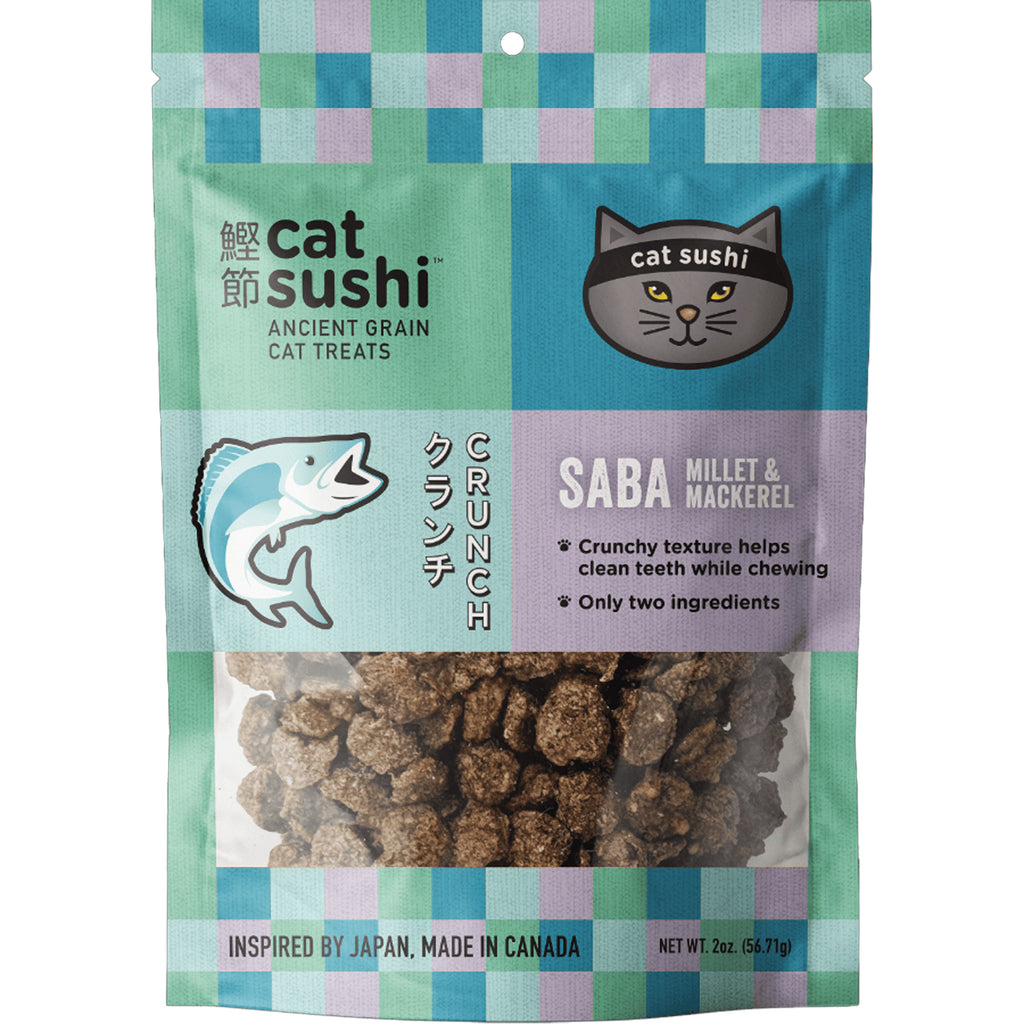 Cat sushi treat package with checkered design on a white background