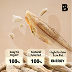 Load image into Gallery viewer, A close-up of dried fish pieces on a beige background with floating crumbs and three text callouts reading 'Easy to Digest 100%', 'Natural Sourced 100%', and 'High Protein Low Fat ENERGY'. A black stylized 'B' logo appears in the top right.
