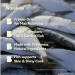 Load image into Gallery viewer, Promotional graphic with the heading 'Biteology' over a close-up photo of sardines, listing product benefits: freeze-dried for max nutrition, single ingredient 100% sardine fish, made with freshness and natural ingredients, and fish support skin and shiny coat.
