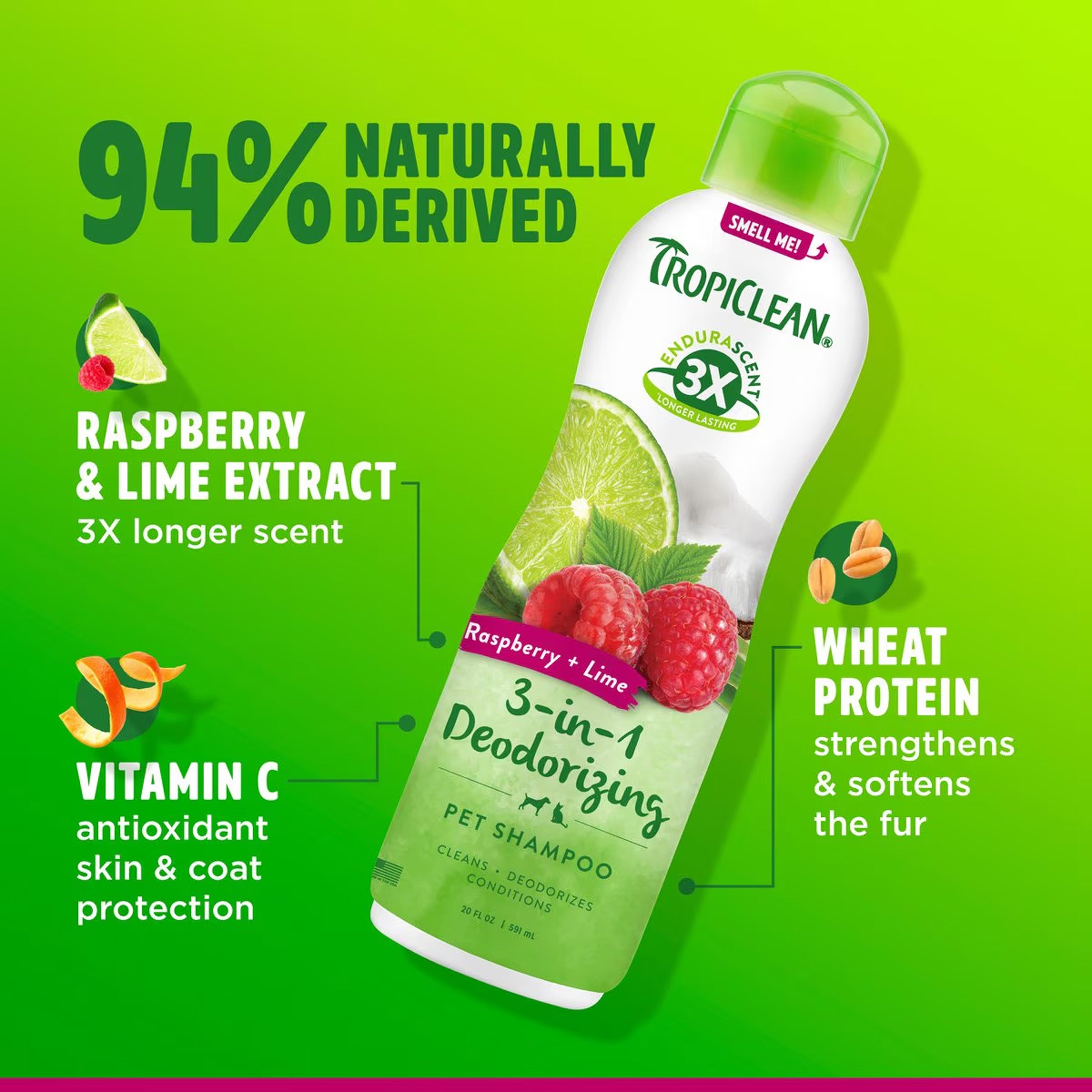 TropiClean EnduraScent Raspberry Lime Scented Deodorizing Dog & Cat Shampoo, 20-fl oz bottle