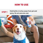 Load image into Gallery viewer, Instruction graphic showing how to use a pet spray bottle, with text reading 'HOW TO USE' and 'STEP 1 Hold bottle 6 inches away from pet and spray. Do not saturate coat.
