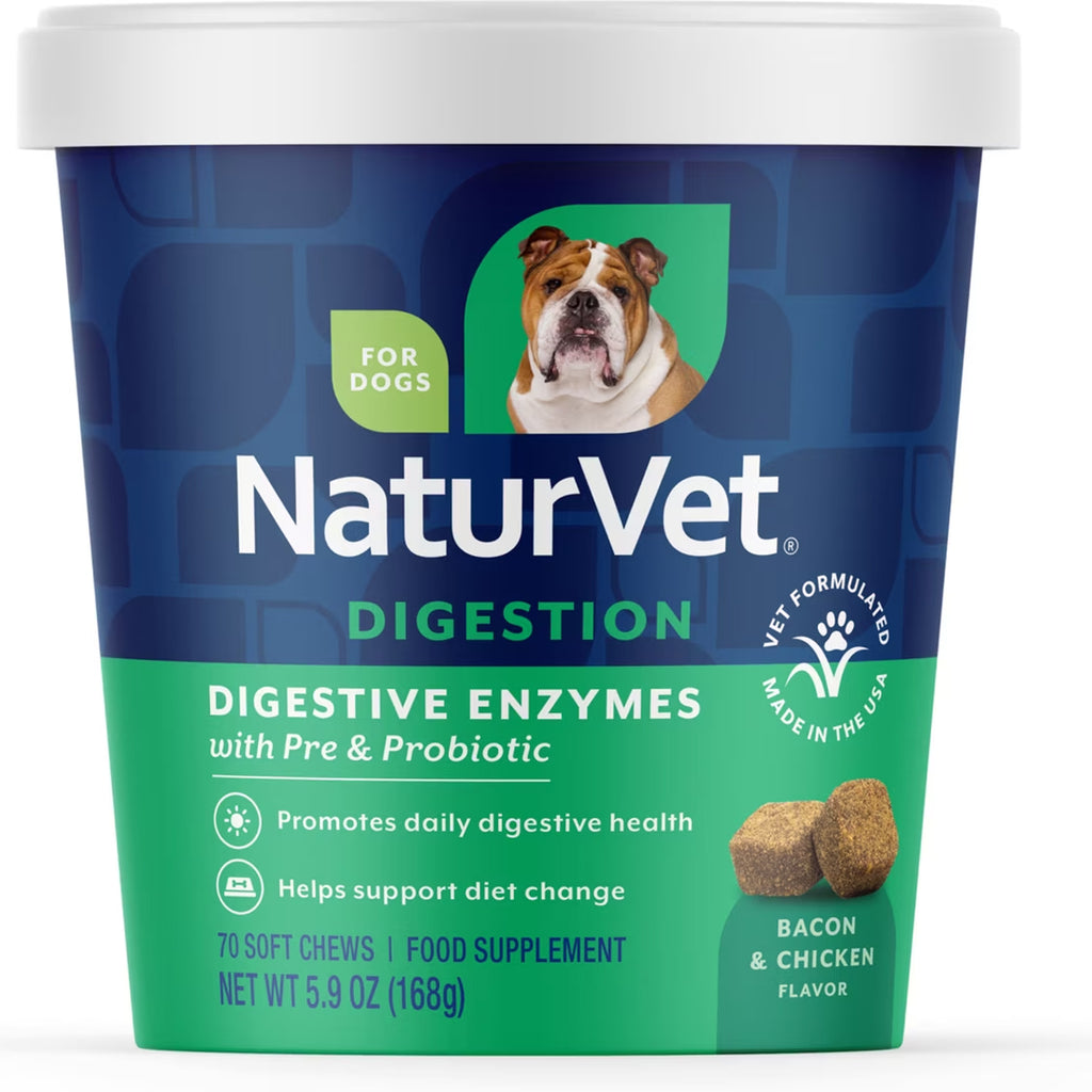 NaturVet Digestive Enzymes Bacon & Chicken Flavored Soft Chews Supplement for Dogs, 70 count