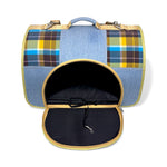 Load image into Gallery viewer, Pet carrier with plaid and denim design on a white background
