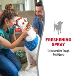 Load image into Gallery viewer, A woman and a man smile while petting a white dog wearing a blue bandana. The right side of the image has a white panel with a gray dog silhouette and the text 'FRESHENING SPRAY To Neutralize Tough Pet Odors'.
