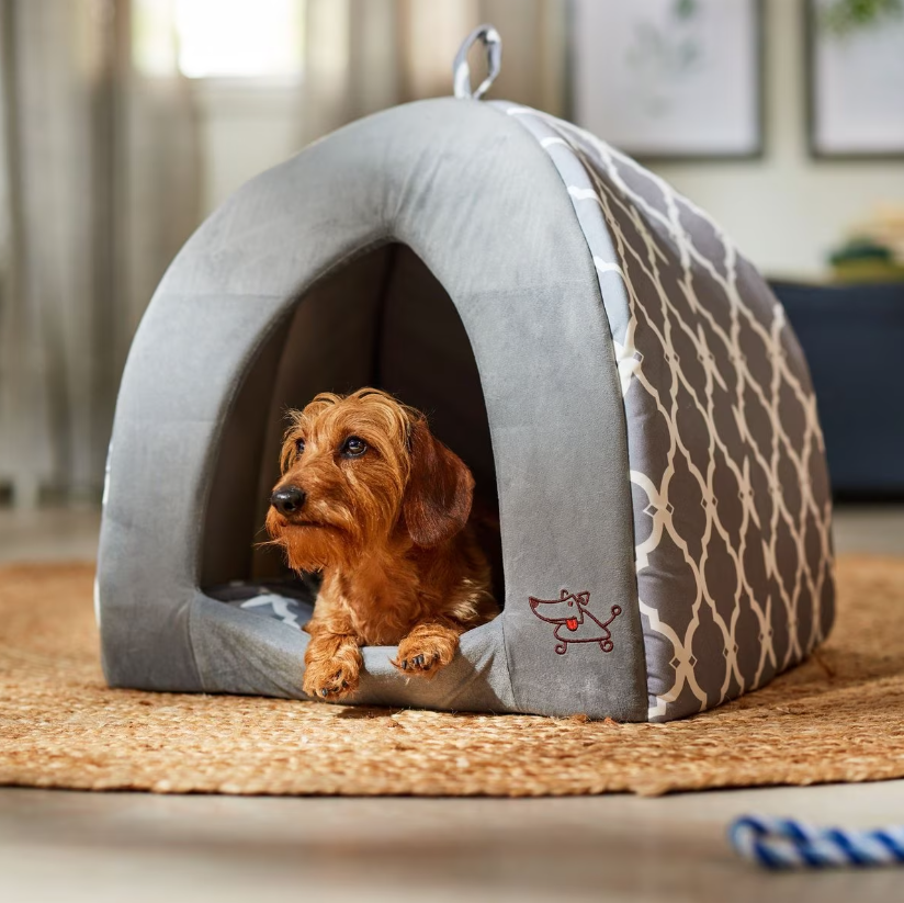 Linen Tent Covered Cat & Dog Bed, Gray Lattice