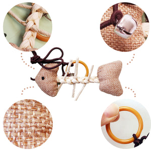 Burlap Woven Fish Skeleton Brown String With Ring Toy for Interactive play with Cats and Kittens Detailed Photo of Features Includes Bell Ringer