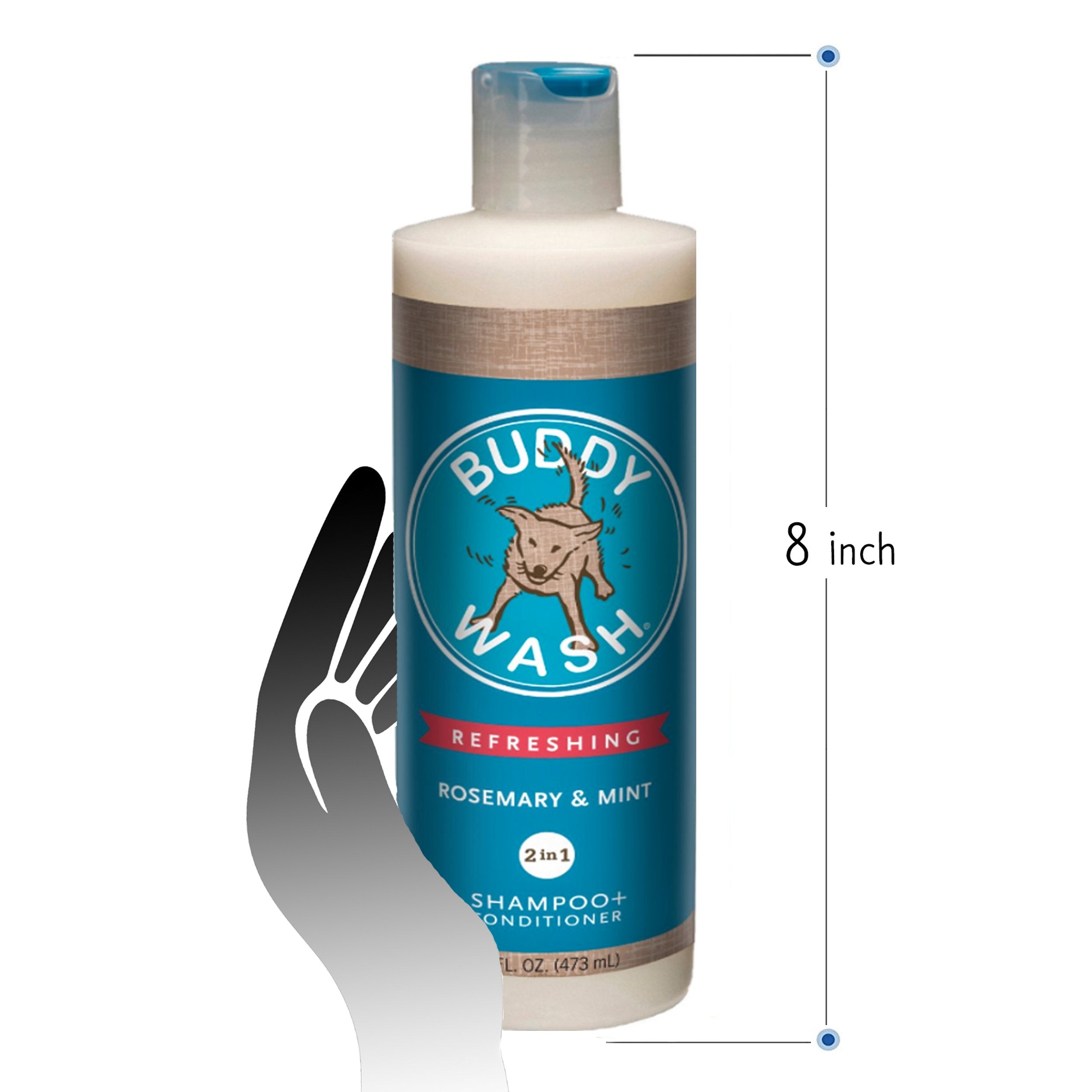 Buddy Wash Rosemary & Mint 2in1 Shampoo and Conditioner 16 fl oz for dogs Fresh and Clean Coat Softener Description Specially Formulated to Clean and Moisturize dogs coat and creates soothing bath experience and calming scent Refreshing feeling size measurement 8 inch bottle 