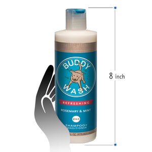 Buddy Wash Rosemary & Mint 2in1 Shampoo and Conditioner 16 fl oz for dogs Fresh and Clean Coat Softener Description Specially Formulated to Clean and Moisturize dogs coat and creates soothing bath experience and calming scent Refreshing feeling size measurement 8 inch bottle 