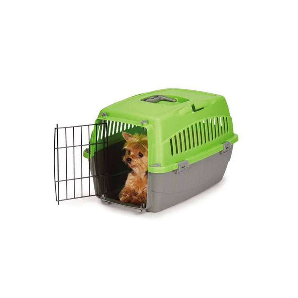 Cruising Companion Carry Me Pet Crate variety Of colors Pink, Orange, Green, Blue with grey base. Crate is extra comfortable and perfectly beathable. Intended use for travel, vet visits, or car rides. Sizes vary in only small and medium. Image Model Yorkshire Terrier inside Green Small Crate  