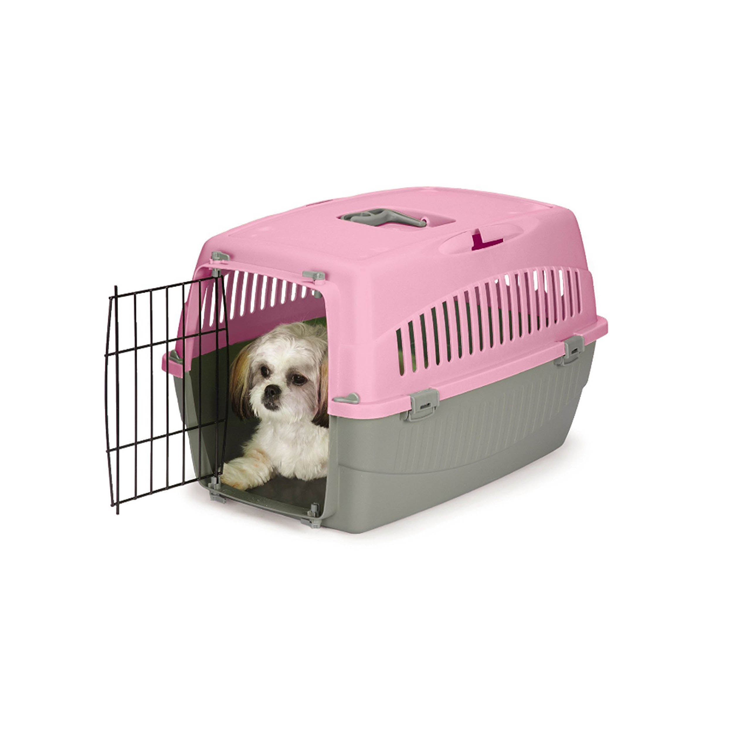 Cruising Companion Carry Me Pet Crate variety Of colors Pink, Orange, Green, Blue with grey base. Crate is extra comfortable and perfectly beathable. Intended use for travel, vet visits, or car rides. Sizes vary in only small and medium. Image model Shitzu inside Medium  pink crate