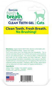 Back of tropiclean fresh breath clean teeth gel for cats and kittens, back shows directions, ingredients, and bar code