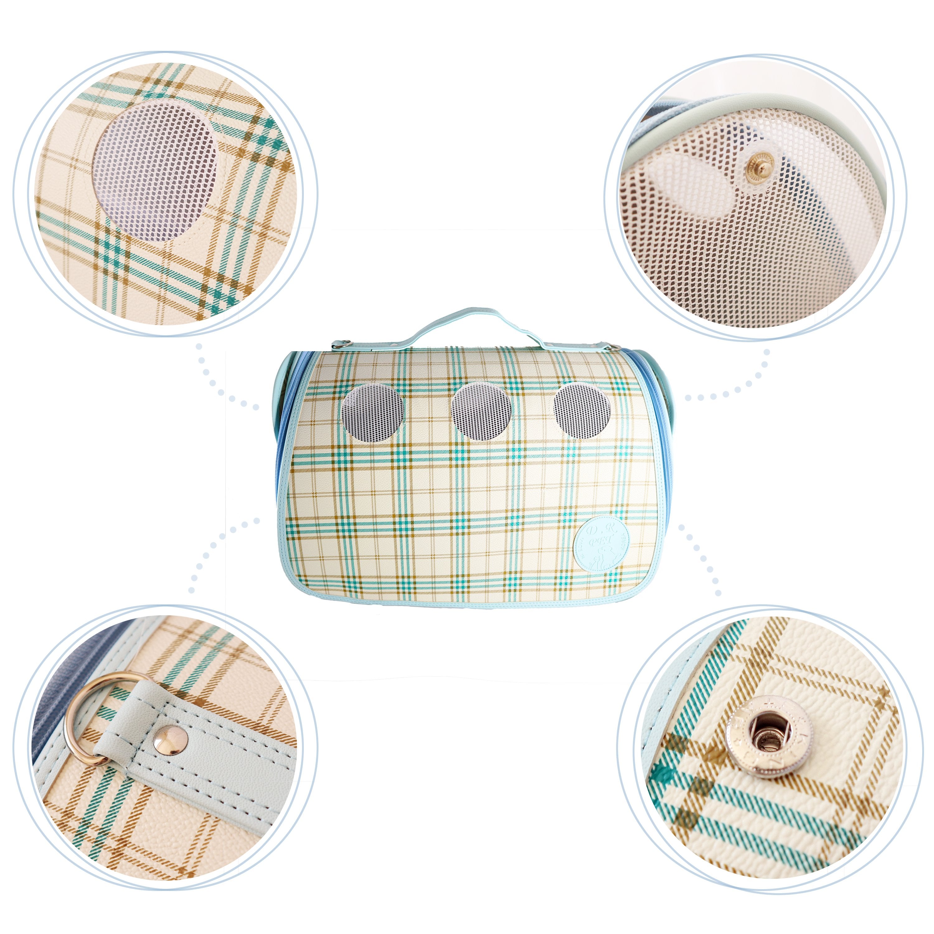 Luxurious Baby Blue Plaid Small Carrier for Small Dogs and Cats. Breathable mesh circles & side panels for protective visibility. Leather Case with top handle and strap with padding. detailed Image of included Close Up Features of Carrier