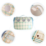 Load image into Gallery viewer, Luxurious Baby Blue Plaid Small Carrier for Small Dogs and Cats. Breathable mesh circles &amp; side panels for protective visibility. Leather Case with top handle and strap with padding. detailed Image of included Close Up Features of Carrier
