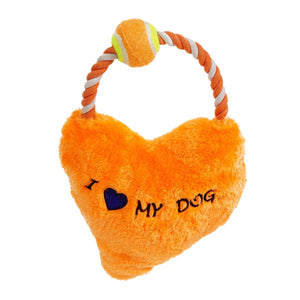 [Dog toy] "I Heart My Dog" Plush Heart Braided Rope Loop with Tennis Ball