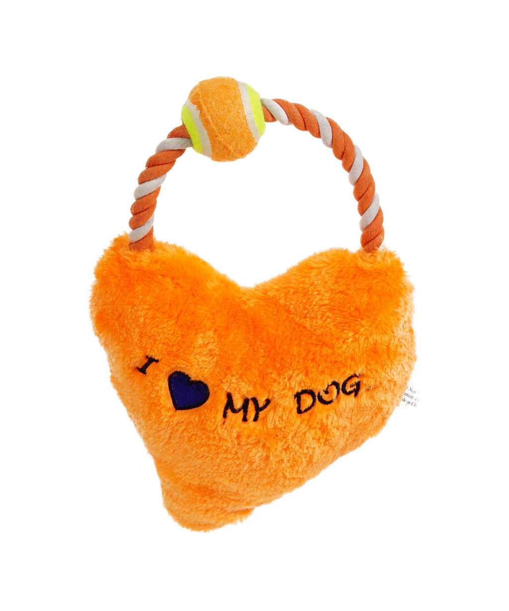 Orange Soft Plush Tug Toy with Rope Arch Attached with Tennis Ball Around Rope Labeled I heart My Dog 