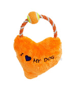 Load image into Gallery viewer, Orange Soft Plush Tug Toy with Rope Arch Attached with Tennis Ball Around Rope Labeled I heart My Dog 
