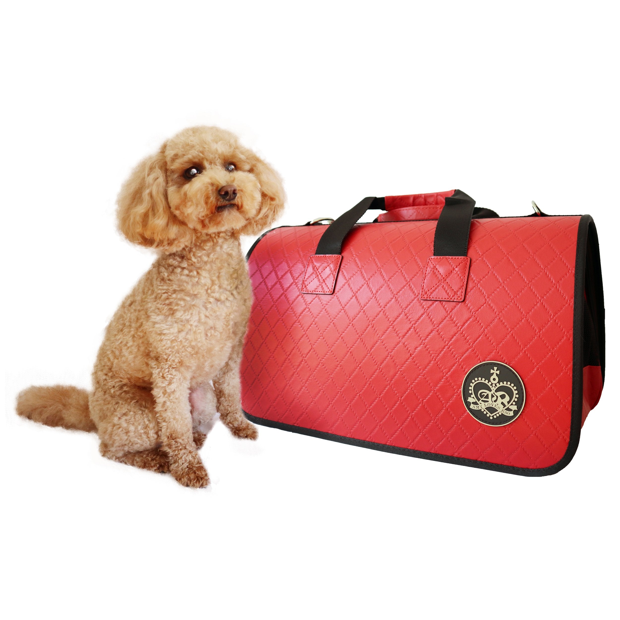 Beautiful Leather Case Carrier for Small Dogs and Cats with nylon stitched leather handles and strap Red Amy Loves Bags Poodle Model 