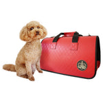 Load image into Gallery viewer, Beautiful Leather Case Carrier for Small Dogs and Cats with nylon stitched leather handles and strap Red Amy Loves Bags Poodle Model 
