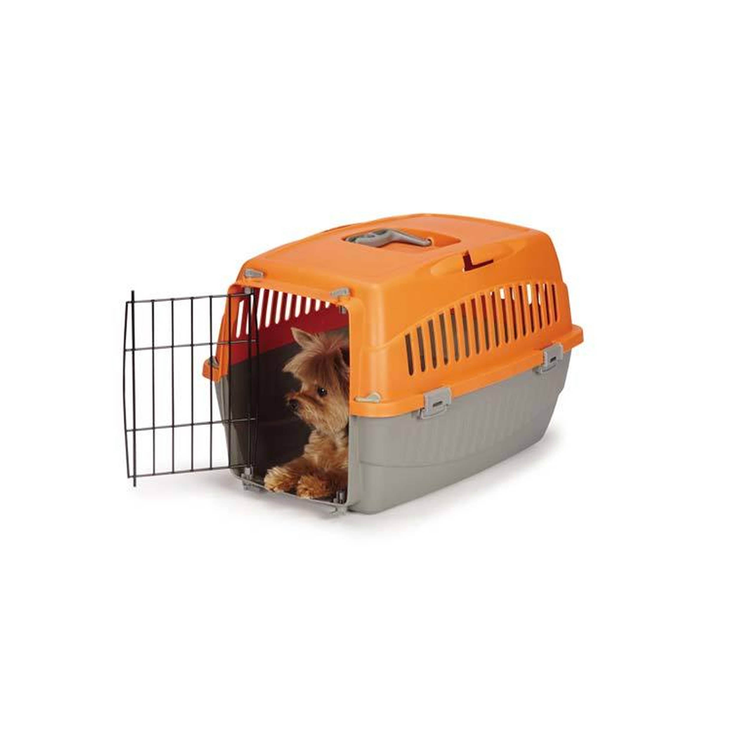 Cruising Companion Carry Me Pet Crate variety Of colors Pink, Orange, Green, Blue with grey base. Crate is extra comfortable and perfectly beathable. Intended use for travel, vet visits, or car rides. Sizes vary in only small and medium. Image Model Yorkshire Terrier inside small orange crate 