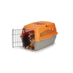 Load image into Gallery viewer, Cruising Companion Carry Me Pet Crate variety Of colors Pink, Orange, Green, Blue with grey base. Crate is extra comfortable and perfectly beathable. Intended use for travel, vet visits, or car rides. Sizes vary in only small and medium. Image Model Yorkshire Terrier inside small orange crate 
