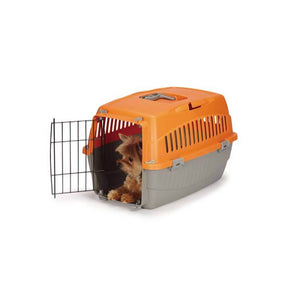 Cruising Companion Carry Me Pet Crate variety Of colors Pink, Orange, Green, Blue with grey base. Crate is extra comfortable and perfectly beathable. Intended use for travel, vet visits, or car rides. Sizes vary in only small and medium. Image Model Yorkshire Terrier inside small orange crate 