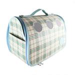 Load image into Gallery viewer, Luxurious Baby Blue Plaid Small Carrier for Small Dogs and Cats. Breathable mesh circles &amp; side panels for protective visibility. Leather Case with top handle and strap with padding
