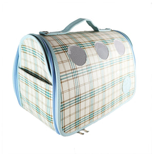 Luxurious Baby Blue Plaid Small Carrier for Small Dogs and Cats. Breathable mesh circles & side panels for protective visibility. Leather Case with top handle and strap with padding