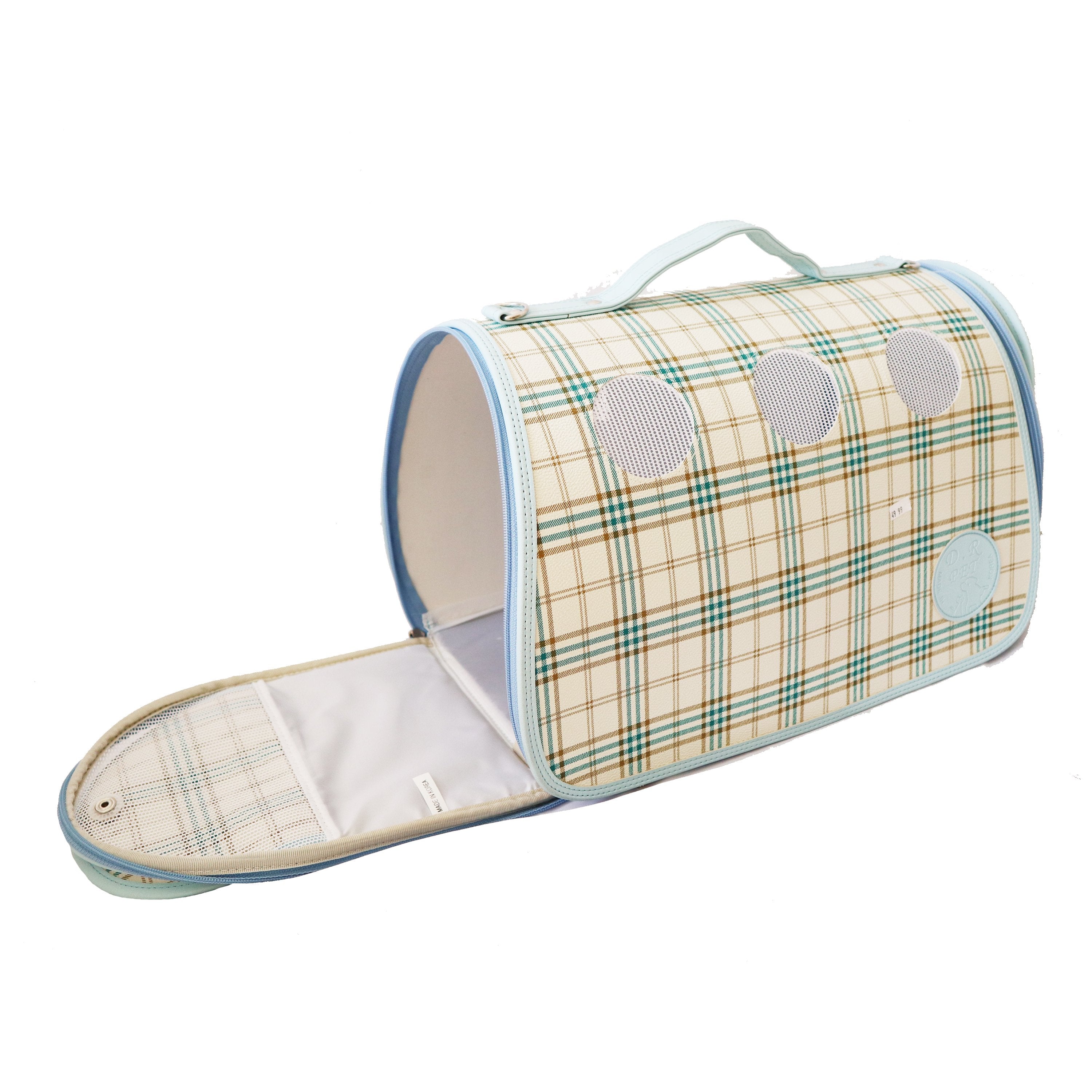 Luxurious Baby Blue Plaid Small Carrier for Small Dogs and Cats. Breathable mesh circles & side panels for protective visibility. Leather Case with top handle and strap with padding. Side Opening Image 