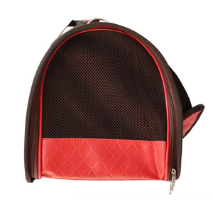 Beautiful Leather Case Carrier for Small Dogs and Cats with nylon stitched leather handles and strap Red Amy Loves Bags Side Profile Breathable Mesh 
