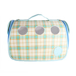 Load image into Gallery viewer, Luxurious Baby Blue Plaid Small Carrier for Small Dogs and Cats. Breathable mesh circles &amp; side panels for protective visibility. Leather Case with top handle and strap with padding. 
