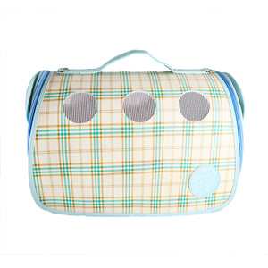 Luxurious Baby Blue Plaid Small Carrier for Small Dogs and Cats. Breathable mesh circles & side panels for protective visibility. Leather Case with top handle and strap with padding. 