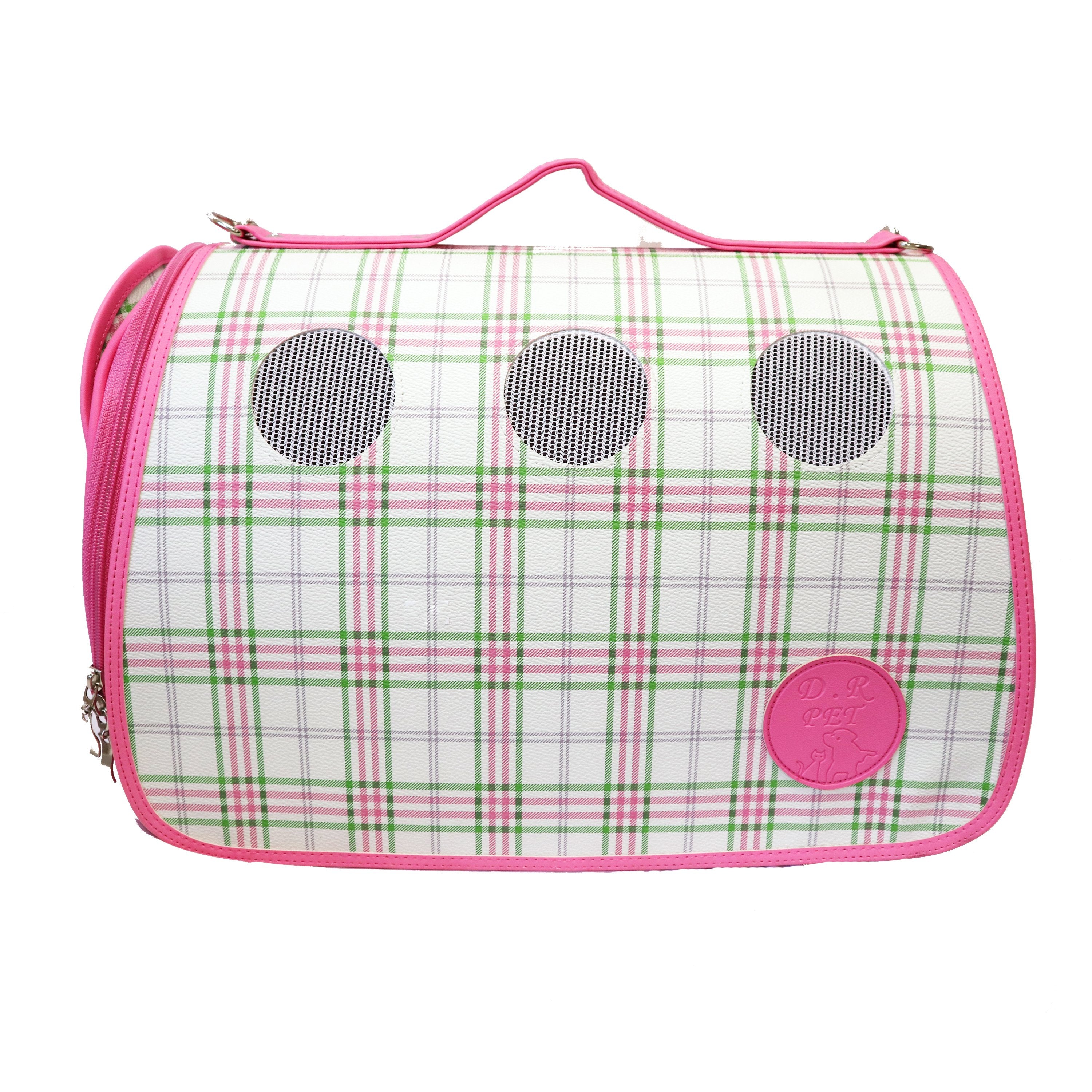 Luxurious Bubblegum Pink Plaid Small Carrier for Small Dogs and Cats. Breathable mesh circles & side panels for protective visibility. Leather Case with top handle and strap with padding