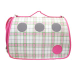 Load image into Gallery viewer, Luxurious Bubblegum Pink Plaid Small Carrier for Small Dogs and Cats. Breathable mesh circles &amp; side panels for protective visibility. Leather Case with top handle and strap with padding

