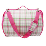 Load image into Gallery viewer, Luxurious Baby Blue Plaid Small Carrier for Small Dogs and Cats. Breathable mesh circles &amp; side panels for protective visibility. Leather Case with top handle and strap with padding
