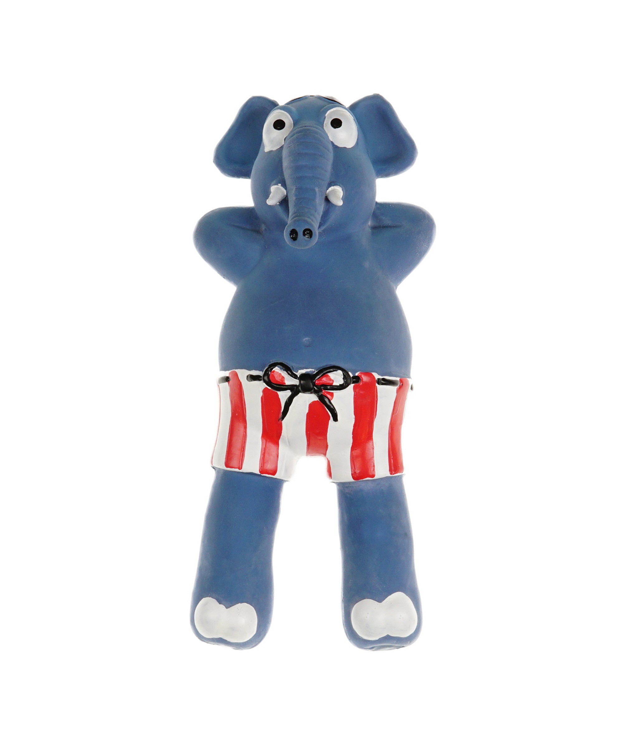 blue rubber elephant toy in swim trunks for dogs 8.5"