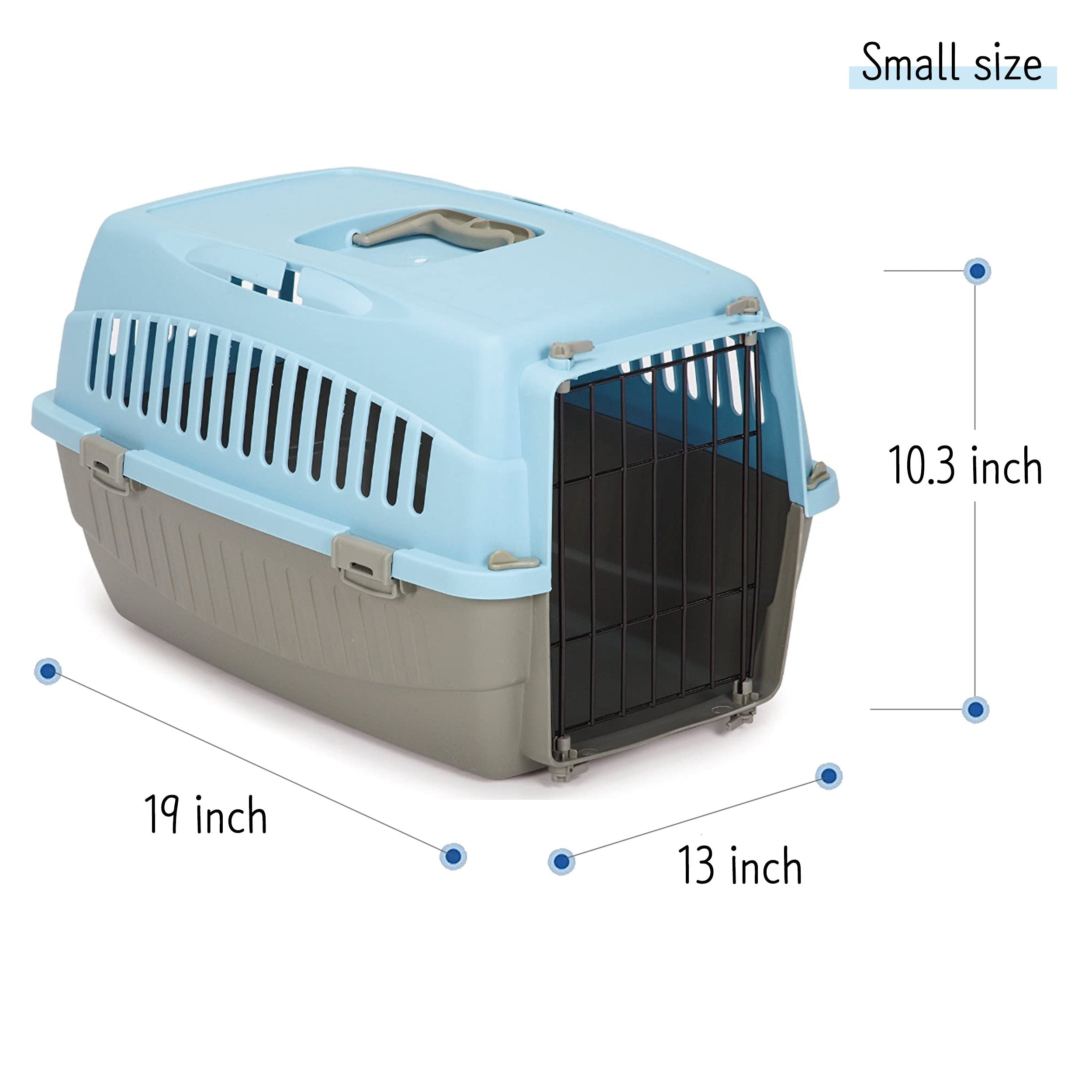 Cruising Companion Carry Me Pet Crate variety Of colors Pink, Orange, Green, Blue with grey base. Crate is extra comfortable and perfectly beathable. Intended use for travel, vet visits, or car rides. Sizes vary in only small and medium. Image Size Measurements of Small Crate 19 inch x 13 inch x 10.3 inch 