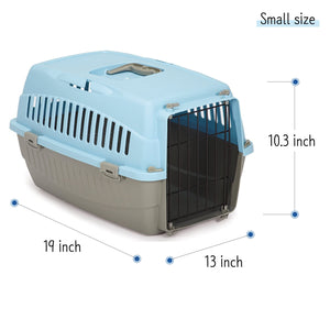 Cruising Companion Carry Me Pet Crate variety Of colors Pink, Orange, Green, Blue with grey base. Crate is extra comfortable and perfectly beathable. Intended use for travel, vet visits, or car rides. Sizes vary in only small and medium. Image Size Measurements of Small Crate 19 inch x 13 inch x 10.3 inch 
