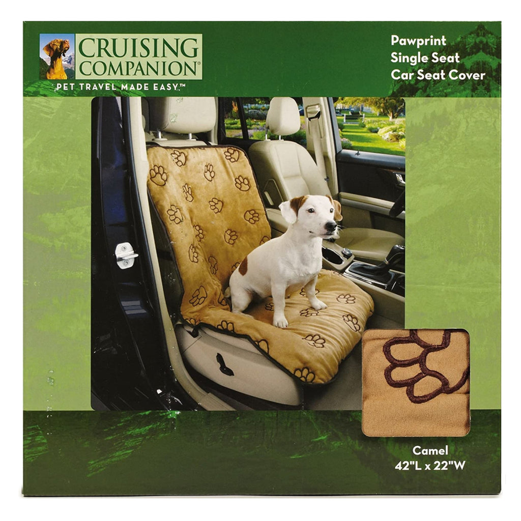 Cruising Companion Single Car Seat Cover Camel with Dark Brow Paw Print Pattern for Travel with Dogs for No Messy Hair on seats 