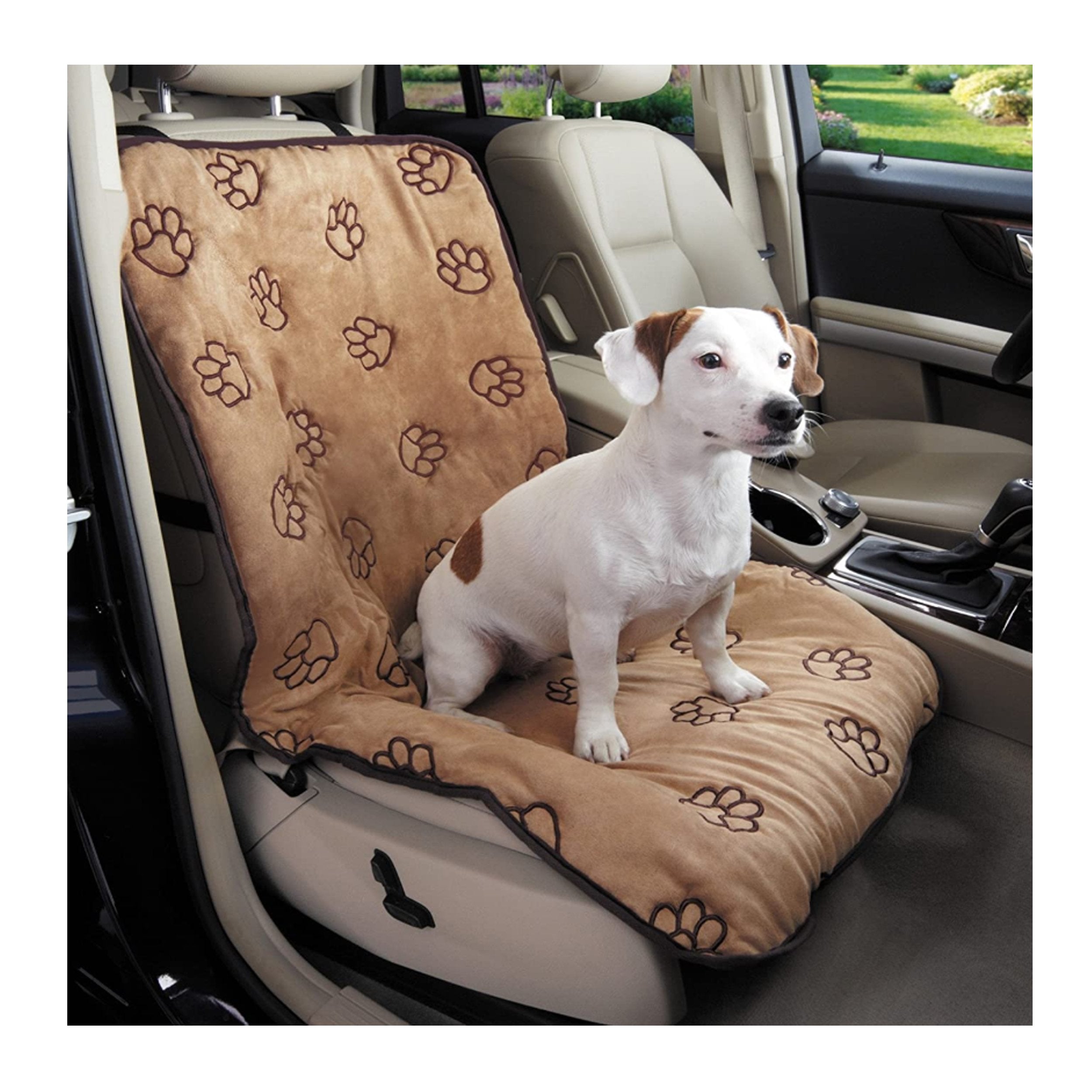 Cruising Companion Single Car Seat Cover Camel with Dark Brow Paw Print Pattern for Travel with Dogs for No Messy Hair on seats
